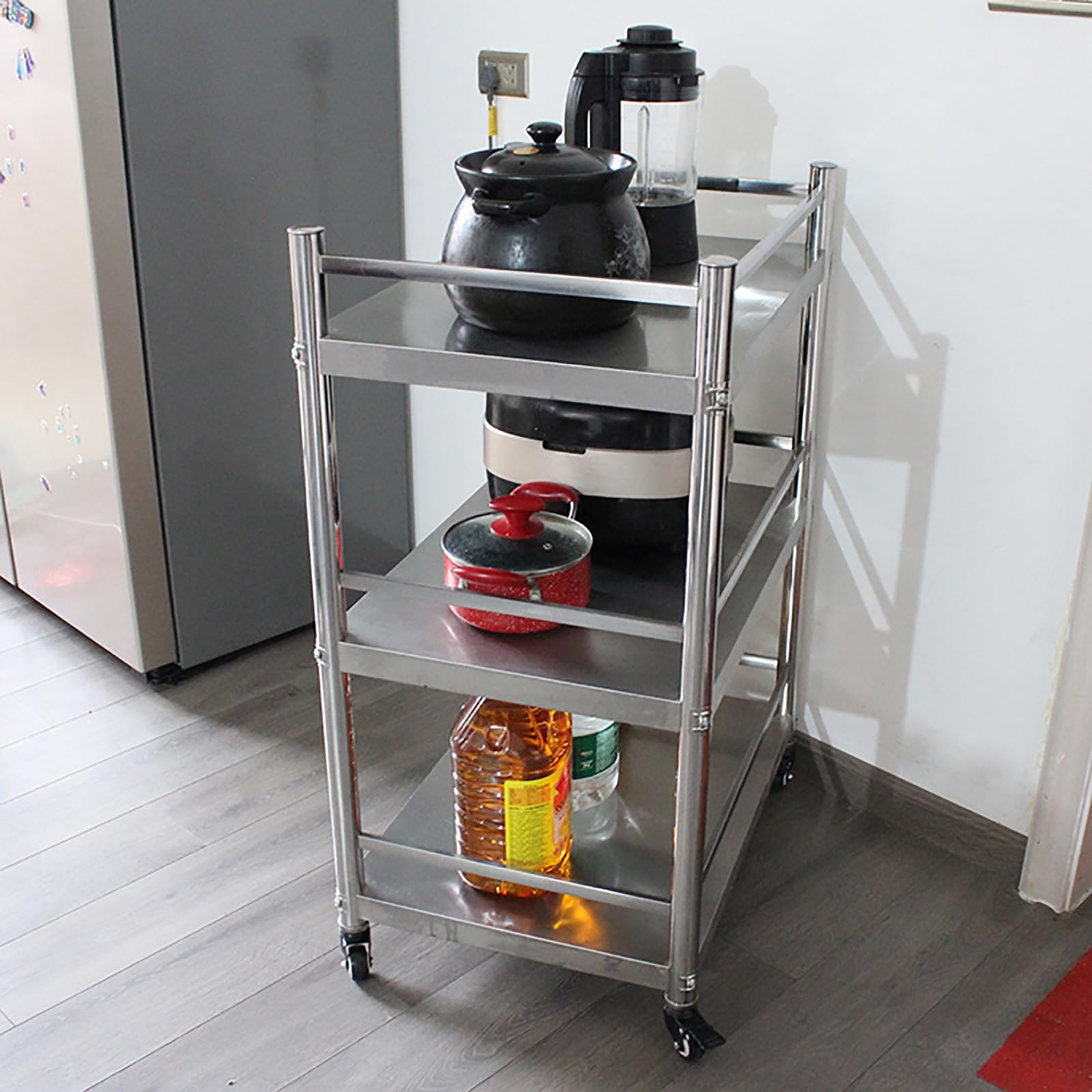 Scaffale da cucina a 3 ripiani in acciaio inox con ringhiera e ruote (70 x 45 x 100 cm)