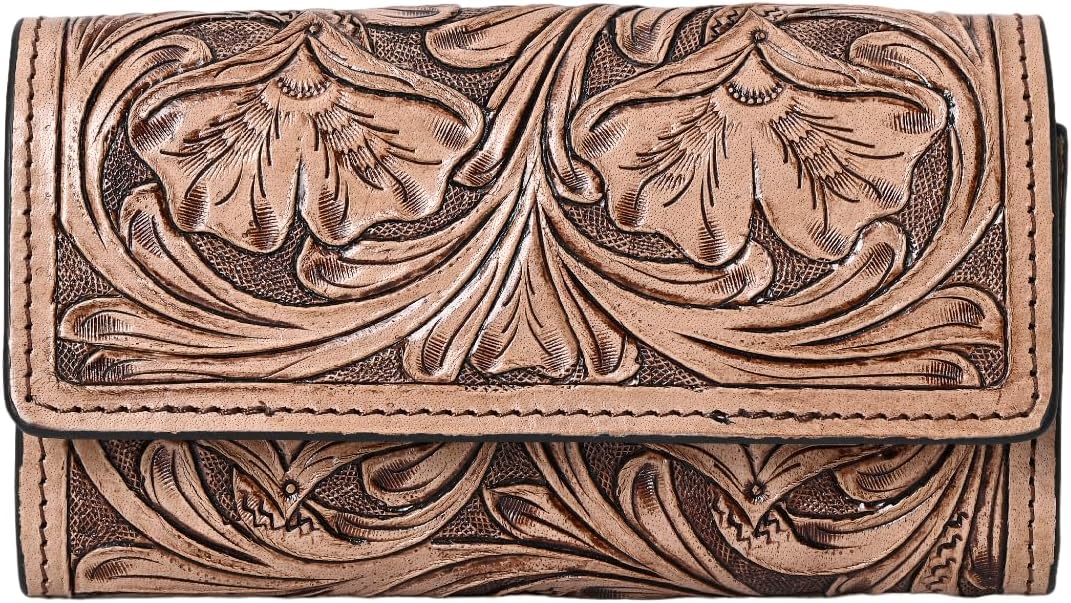 Merbaa Hantooled Leather Wallet RFID Blocking, Trifold Ladies Purse, Flower Handtooled and Carved long Clutch, 1 Back Zip pocket, Wallet For Women (Light brown)
