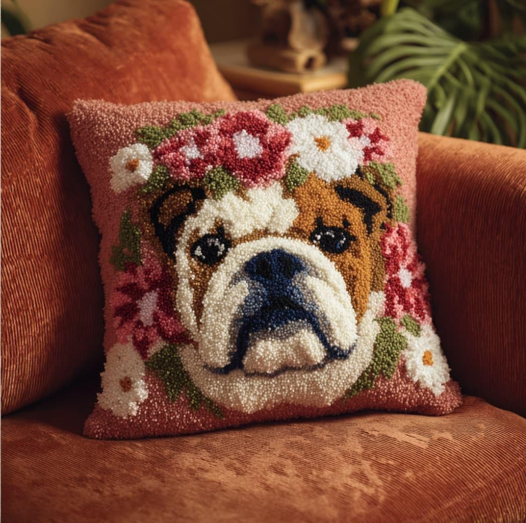 Taxpy Latch Hook Cushion Kits Bulldog Pillowcase Kits Embroidery Kit 17X17 Inch DIY Needlework Pillow Cover Sofa Cushion Rug Making