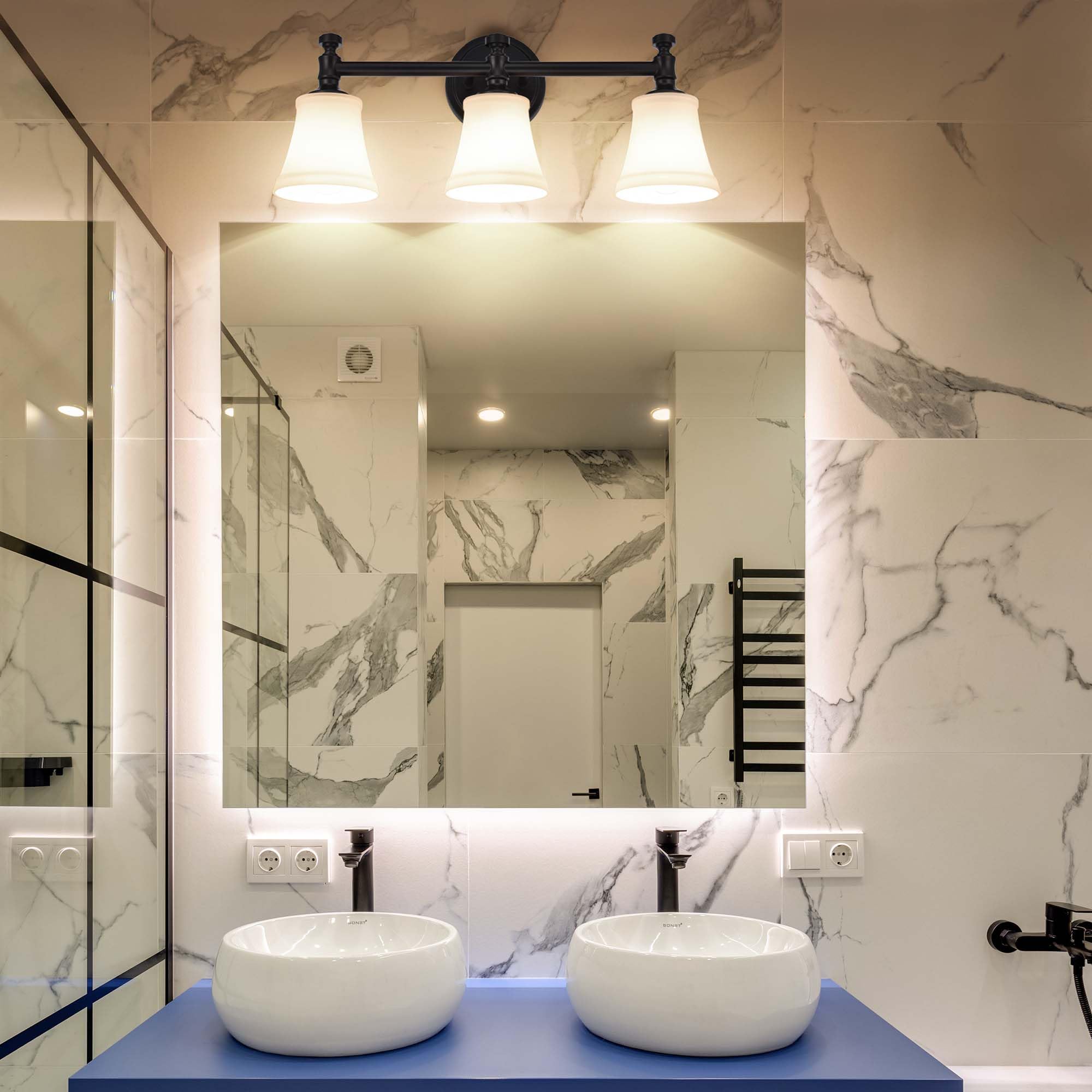 Hanaloa Bathroom Vanity Light Fixtures, Traditional Matte Black 3 Lights Wall Sconce Lighting with Opal Glass Shade, Porch Wall Mount Light Fixture for Bathroom, Mirror Cabinets Hallway Stairs