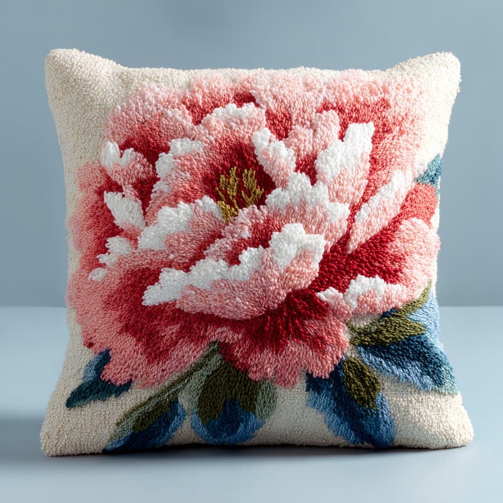 Taxpy DIY Latch Hook Kits, Peony Flowers Pillow Embroidery Carpet Set Needlework Crocheting Cushion Pillow Case Embroidery Set 43x43cm