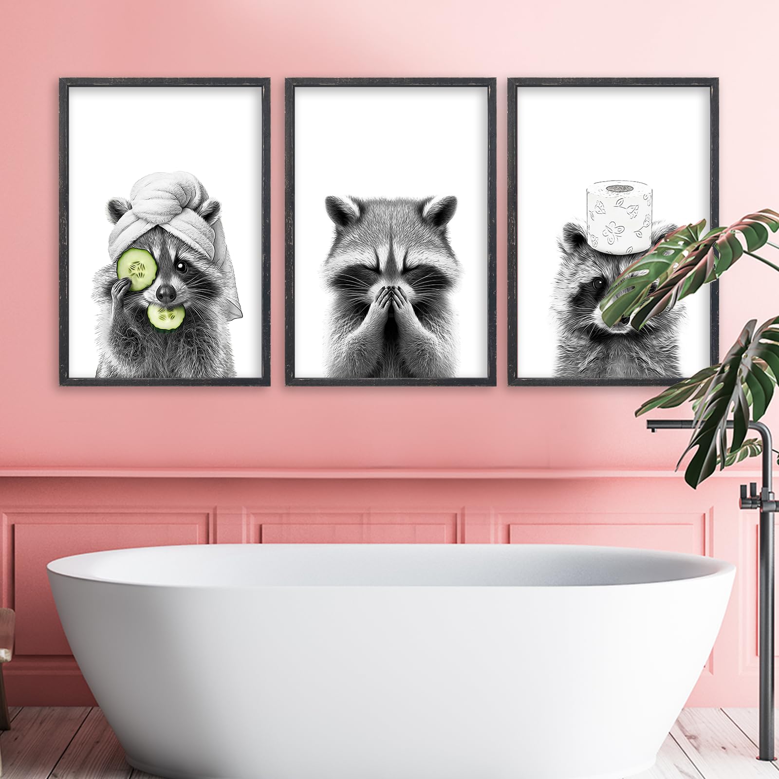 Wanddekor Mit Waschbär-Motiv – Set Aus 3 Tierdrucken Im Holzrahmen 61x40,6cm Für Bad & WC | Rustikale Deko