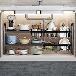 【横幅調節】 シンク下収納ラック 2段 キッチン 伸縮シンク下ラック キッチン下収納 調整可能 キッチン収納ラック 流し台・洗面台下 小物整理 伸縮棚 (棚板5枚+バスケット5個)