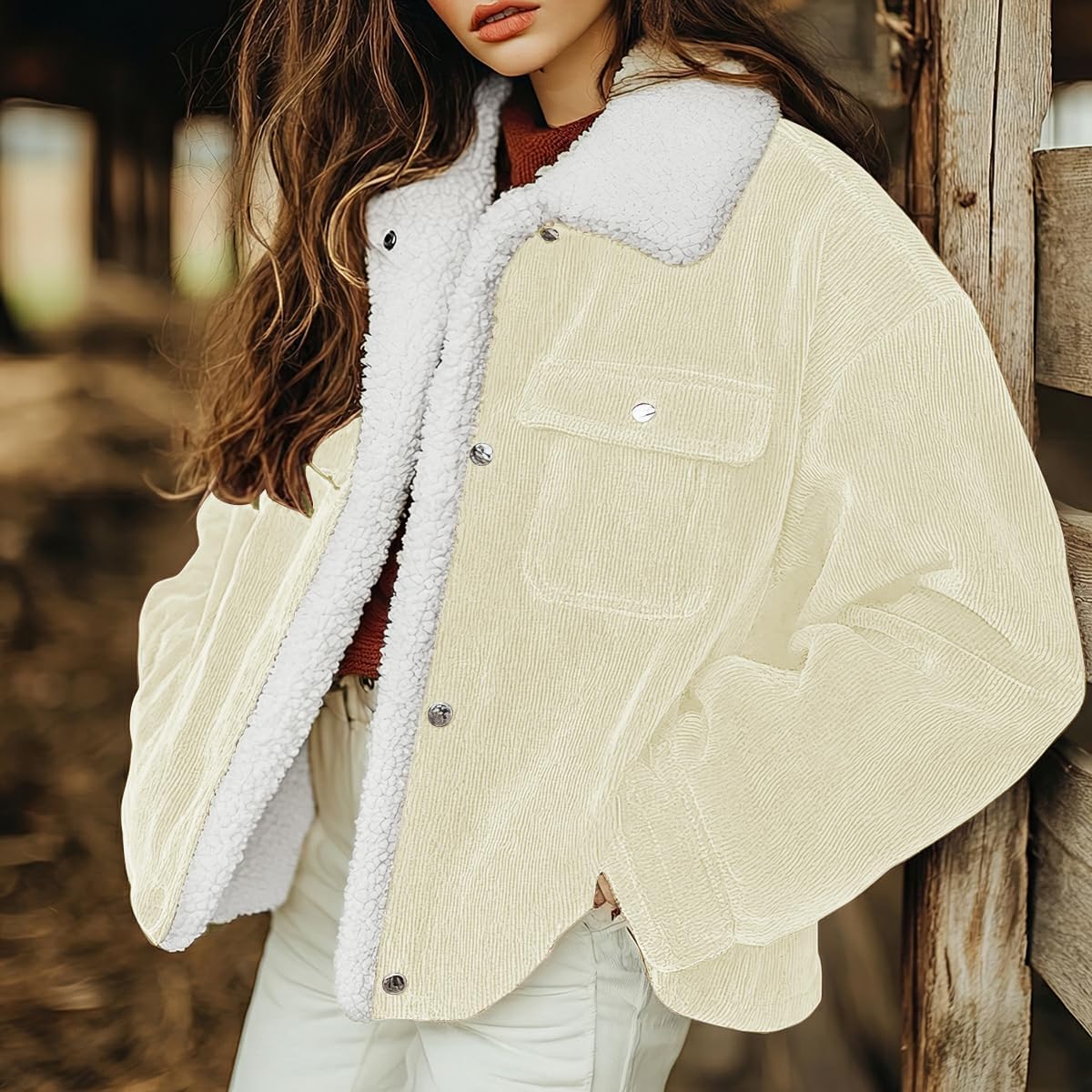 chouyatou Women's Winter Sherpa Fleece Lined Corduroy Coat Button Down Warm Faux Fur Jacket Outerwear - Image 2