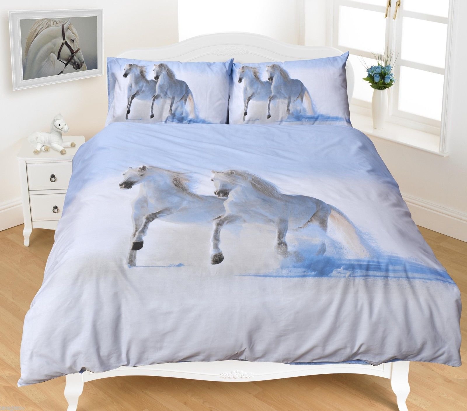 3D Animal Print Bedding Duvet Cover Sets PillowCases King Size Double Single (White Horse Duvet Cover, King)