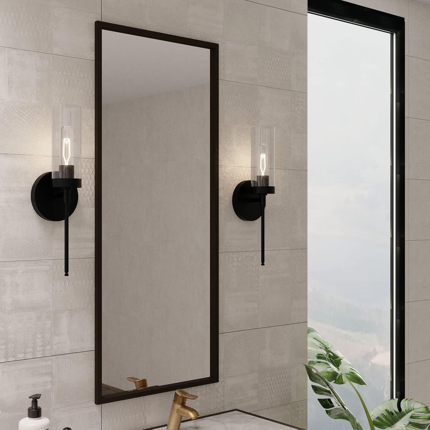 Austin Allen AA1016MB Riley Modern Clear Glass Cylinder Wall Sconce, 1-Light 100 Watt, 17" H x 5" W, Matte Black