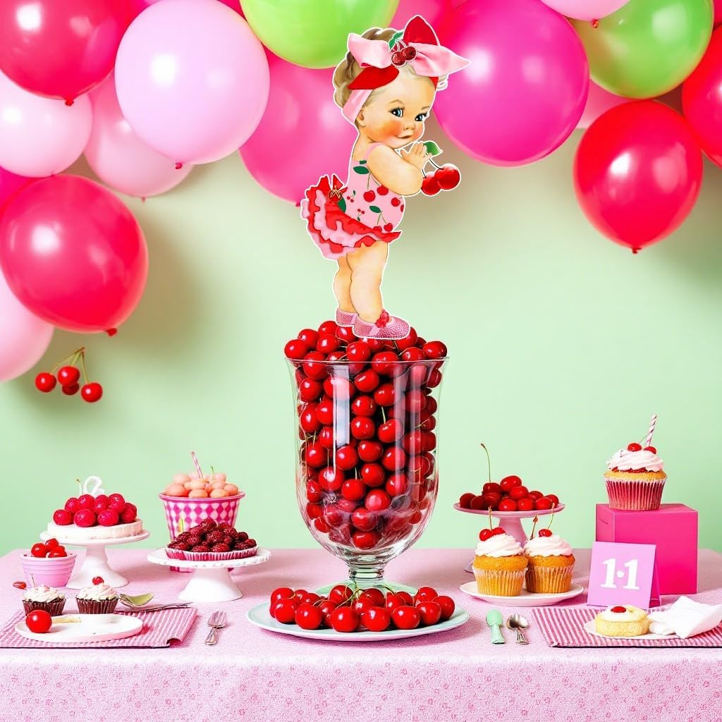 Pink Cherry Theme Girl Centerpieces for Birthday Baby Shower Table Diaper Decorarions (Blonde Girl, 3.0, count)