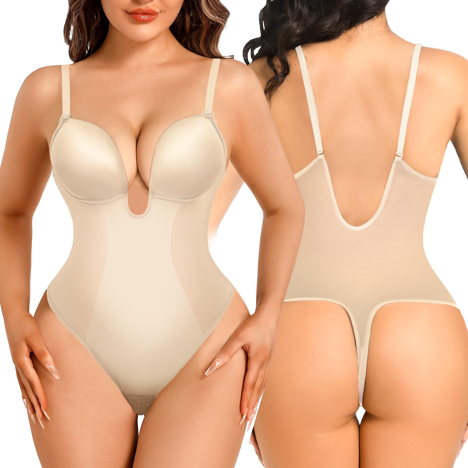 size large Thong Shapewear for Women Tummy Control Low Back U Plunge Backless Body Shaper Bra Faja with Open Crotch Bodysuit
