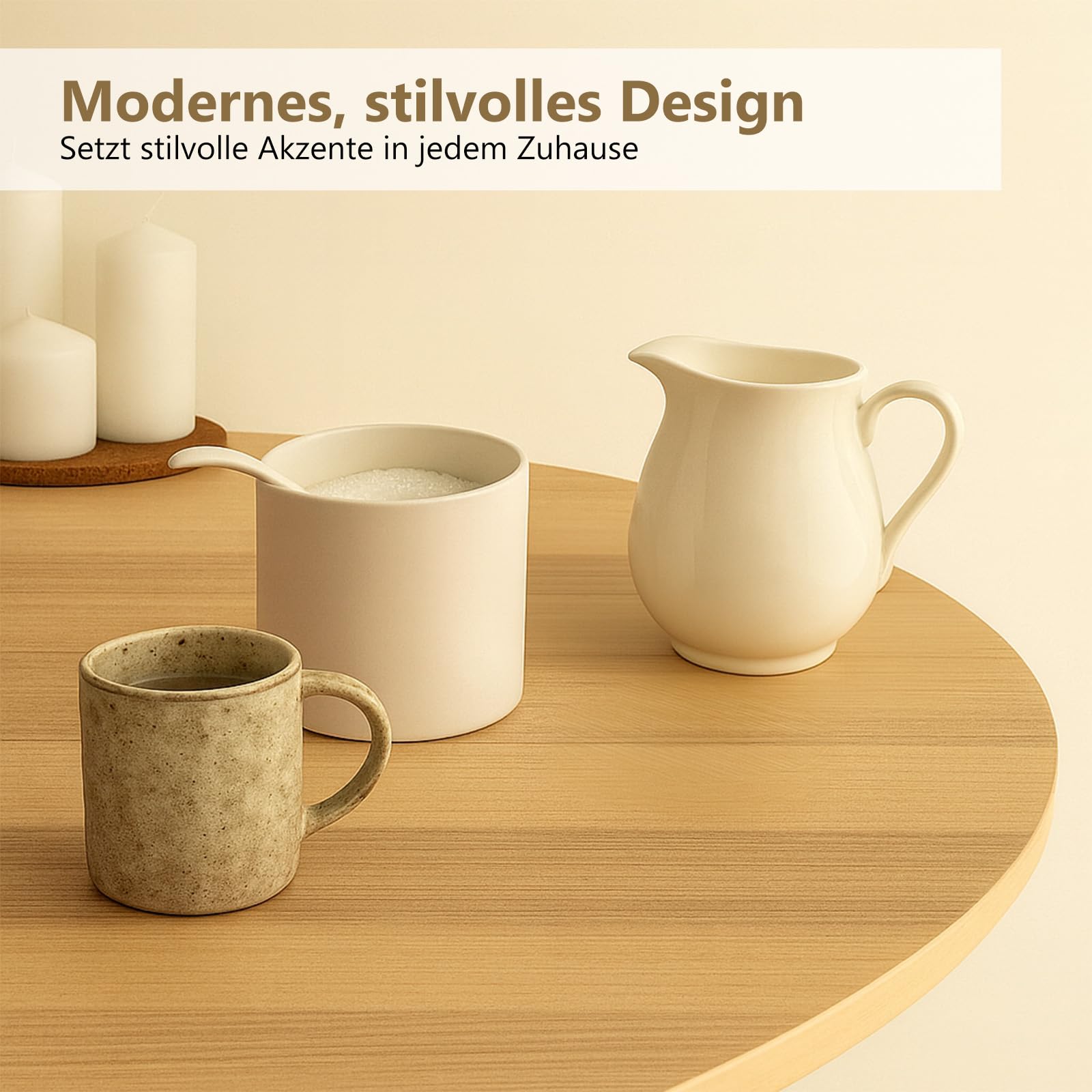Set di latte e zucchero con coperchio e cucchiaio, brocca per latte in ceramica bianca e zuccheriera con vassoio in legno, lavabile in lavastoviglie e microonde