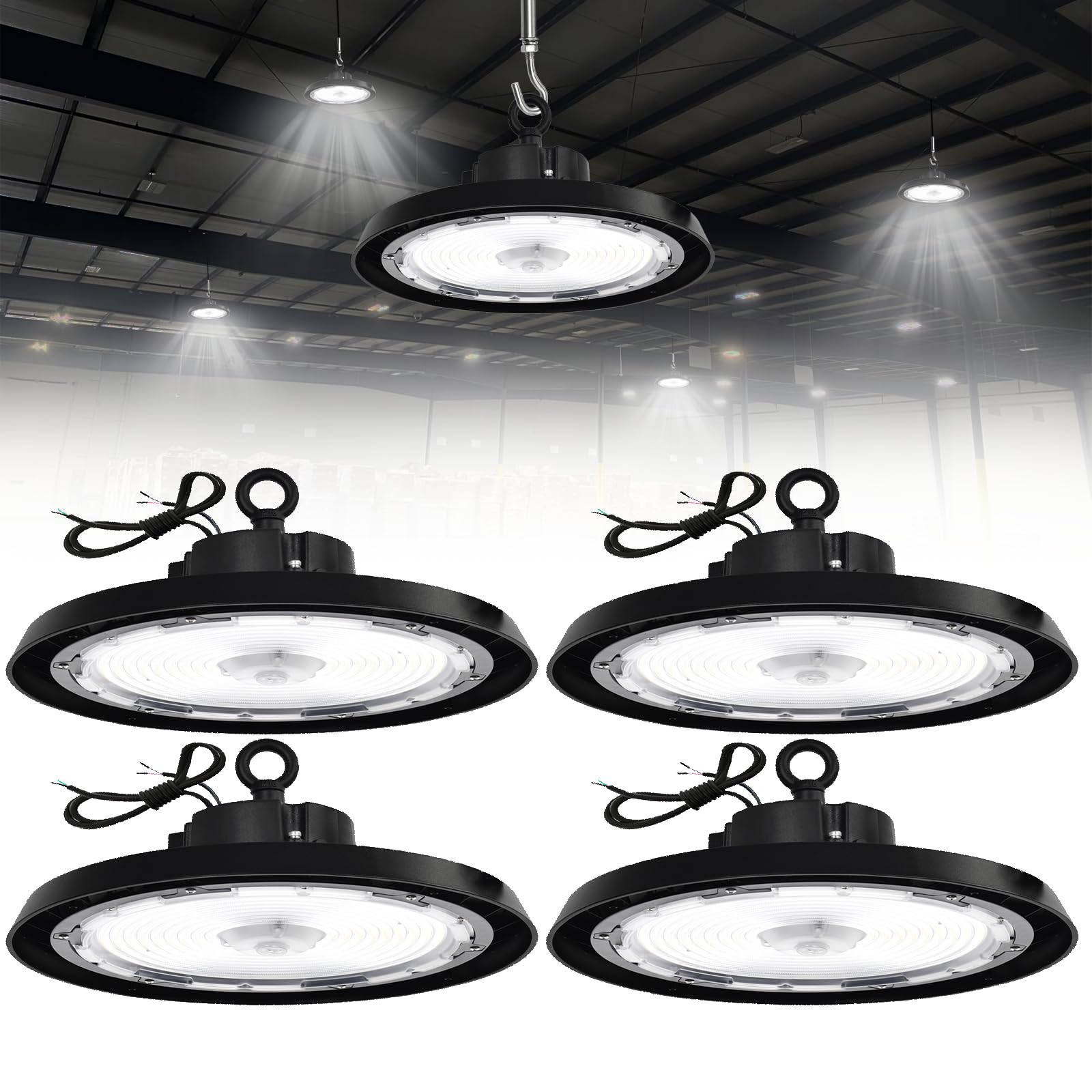 Zestaw 6 lamp UFO LED High Bay – 150 W, 24000 lm, 3CCT, ściemnialna, IP65, do garażu i magazynu, AC100-277 V, z certyfikatem DLC ETL(180/200/240W UFO,4PACK)