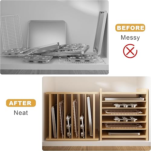 Miniatura 4 de Separadores de bandeja de madera de 7 niveles para gabinetes, organizador de bandejas de galletas para ollas, sartenes, bandeja organizadora para