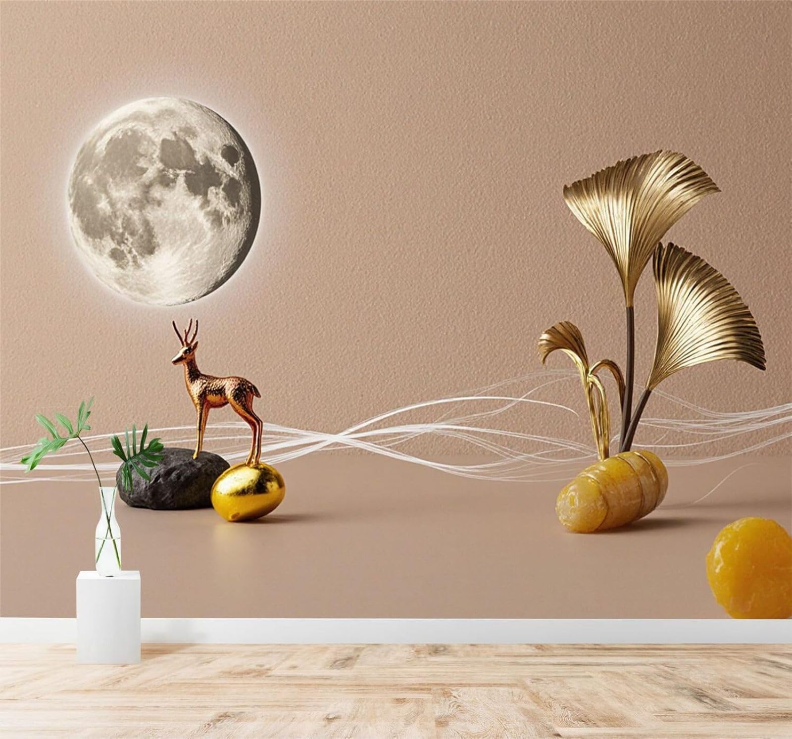 Xlming 250Cm×170Cm(B×H) Creative Golden Deer Full Moon Abstract Ginkgo Leaves 3D Wallpaper Silky Texture Home Study Office Grey Dining Room Sofa Bedroom Living Room Tv Backdrop-250Cm×170Cm