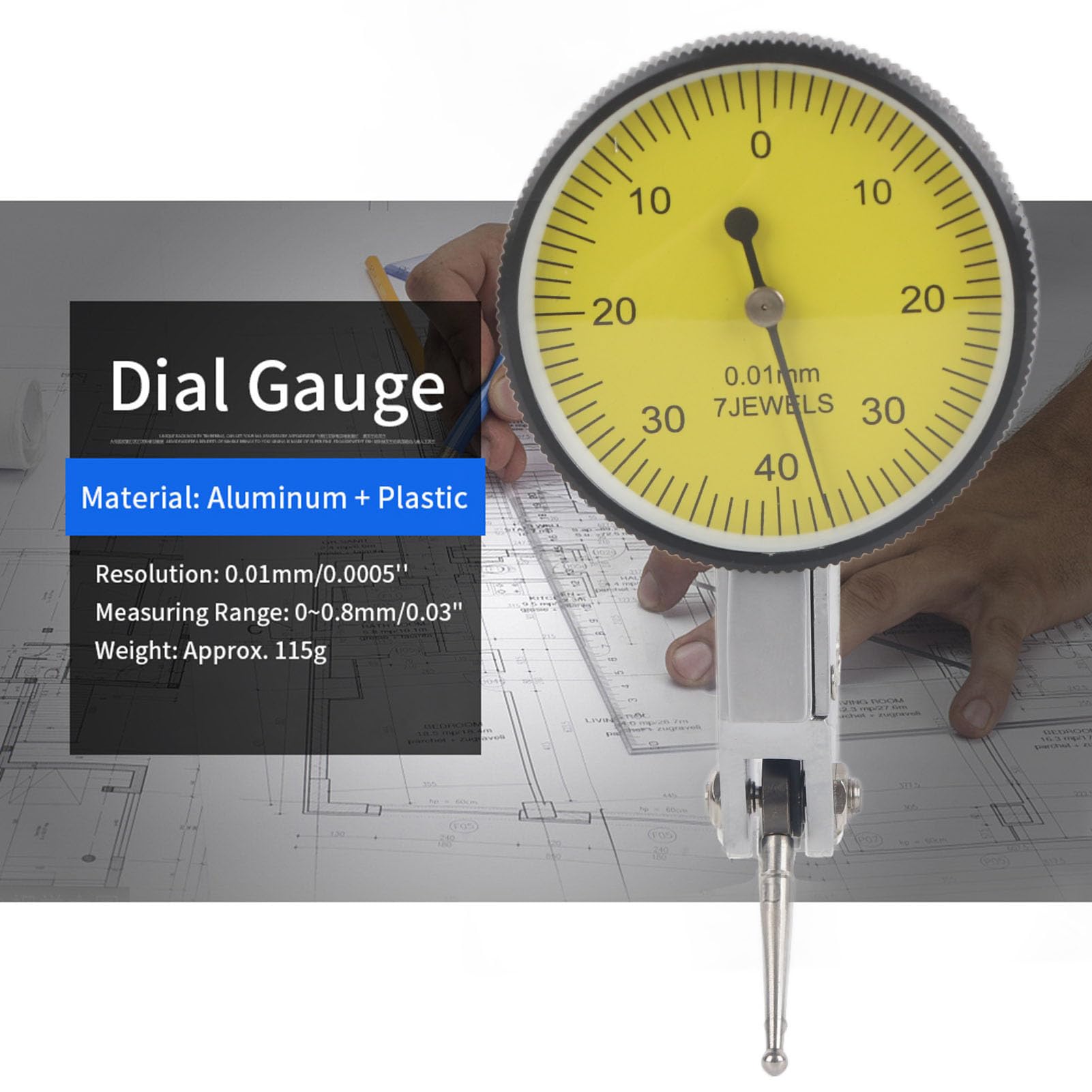0.01mm Lever Dial Test Indicator Meter Tool Kit Gage with Grey Case Fine Black Scale 180° Rotation Probe High Accuracy Aluminum Material Yellow Scale Readability