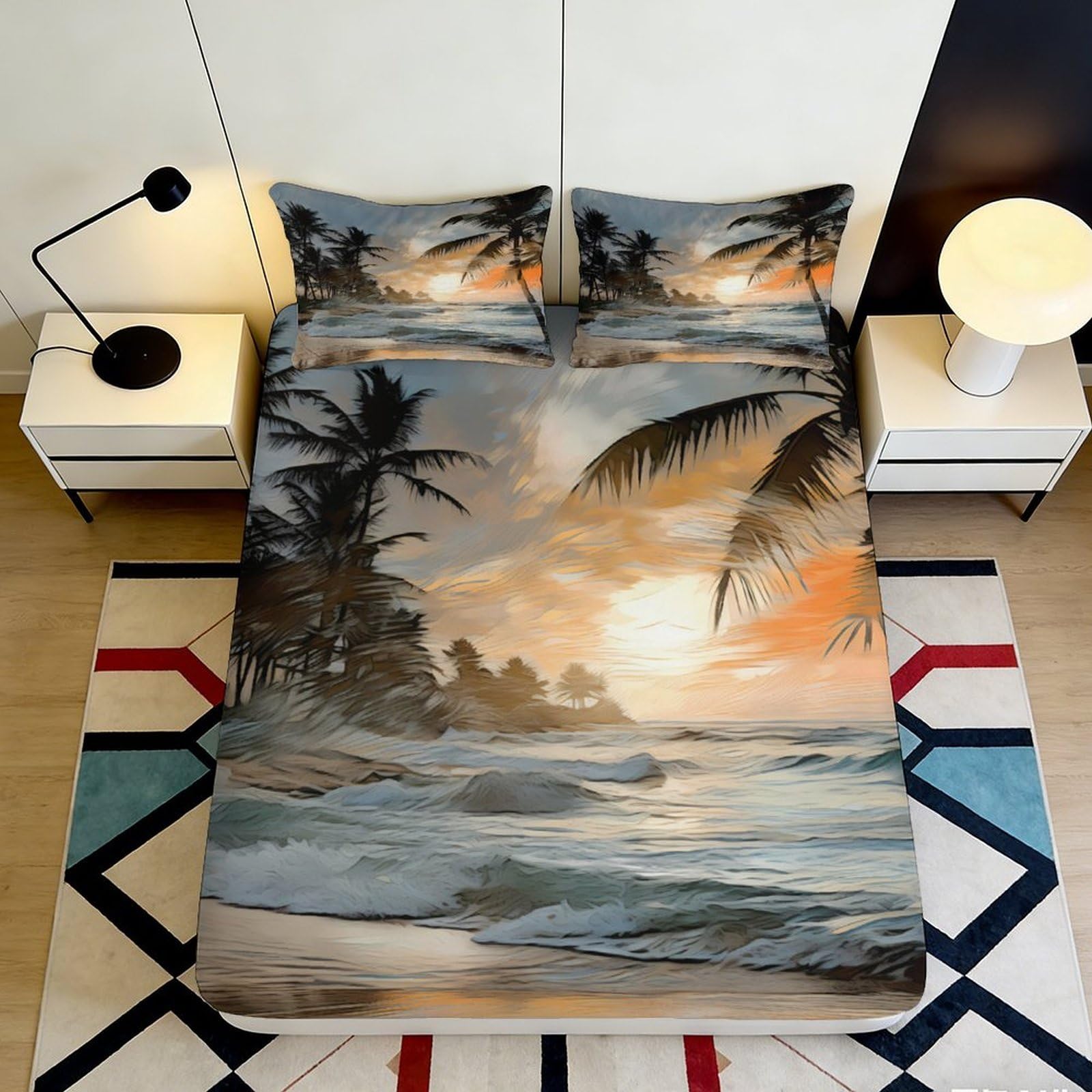 Pnayamiorkfel Style-2 3D Printed Tropical Beach Sunset Fitted Sheet Microfiber Soft Decorative Palm Ocean Mattress Cover Bedroom Decor 90X200x25cm