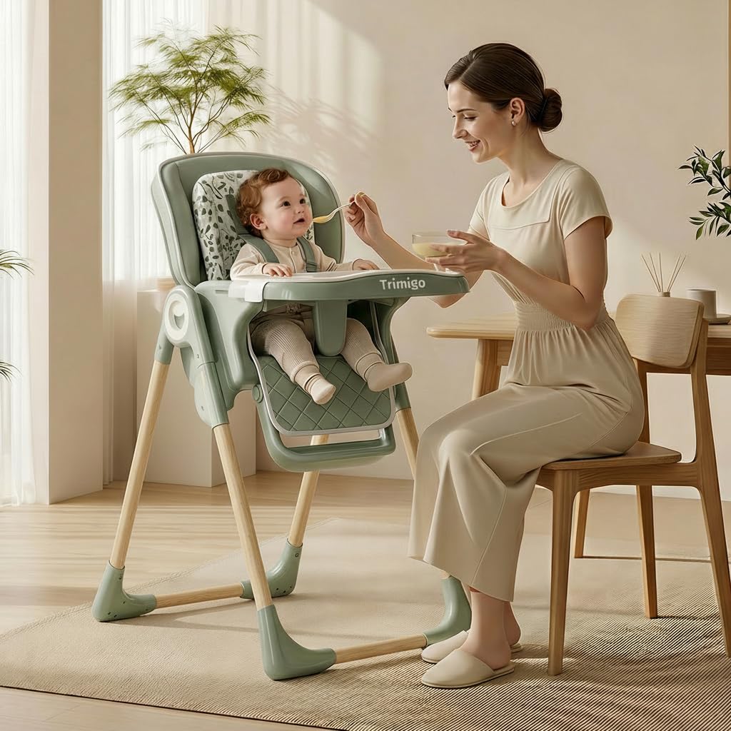 Chaise Haute Bébé Évolutive 0-3 Ans, Pliable, 7 Positions Hauteur, 3 Réglages Plateau, Dossier Inclinable 4 Positions, Plateau double couche amovible, Assise en Similicuir (Vert sauge)