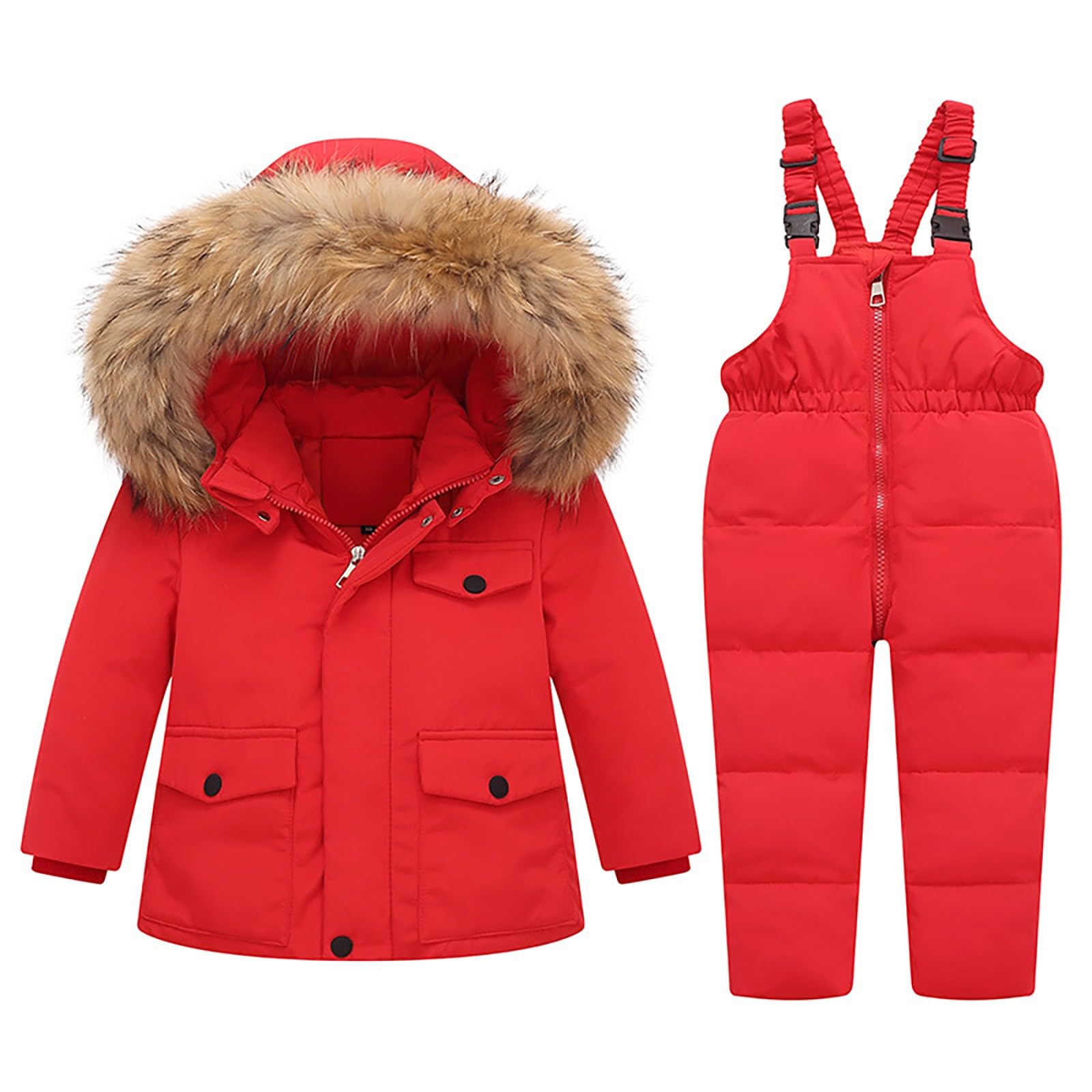 Kids Two Piece Snowsuit Toddler Warm Hoodie Down Jacket Winter Coat and Snow Ski Bib Pants Snow Suit (Red, 18-24 Months)