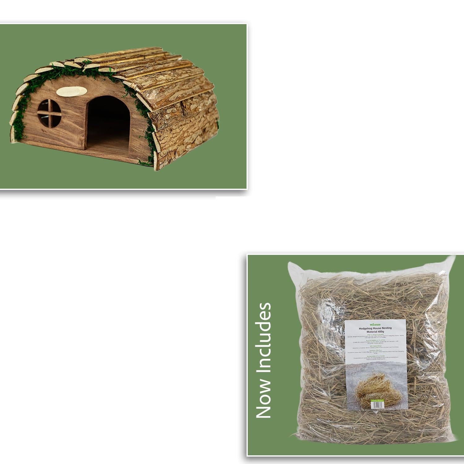 Woodside Hedgehog House with Nesting Material Kit – Wooden Hedgehog Home with Log Roof & Natural Straw Bedding for Garden Wildlife