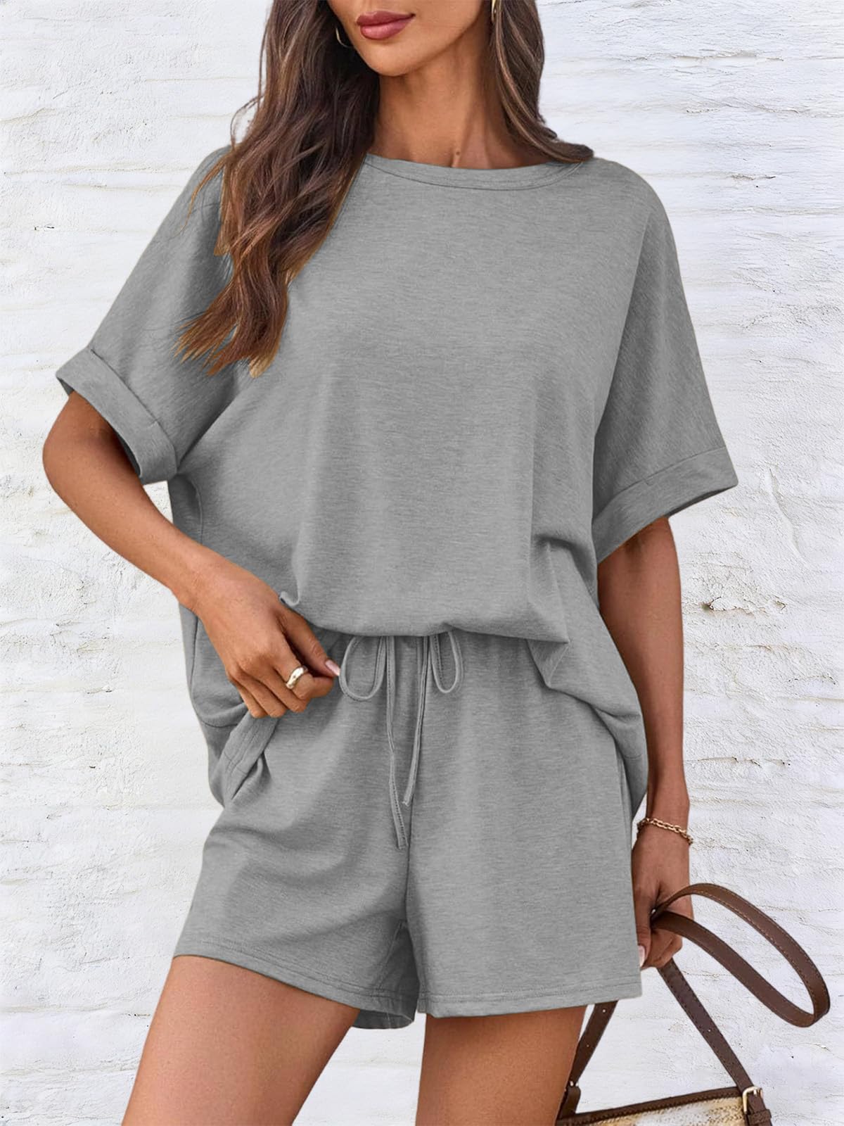 NLAND Mujer Conjunto Chándal 2 Piezas De Pantalones Verano Cortos Con Casual De Camiseta Bolsillos Y Cuello Redondo Top，Gris，L - 3