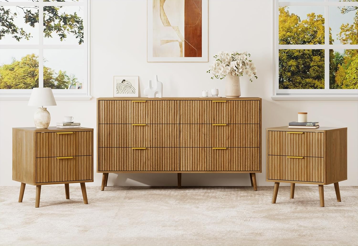 LYNSOM Fluted Dresser and Nightstand Set, 3 Pieces Bedroom Set, 55 Inch Wide 6-Drawer Dresser & 2-Drawer Nightstands Set of 2, Walnut