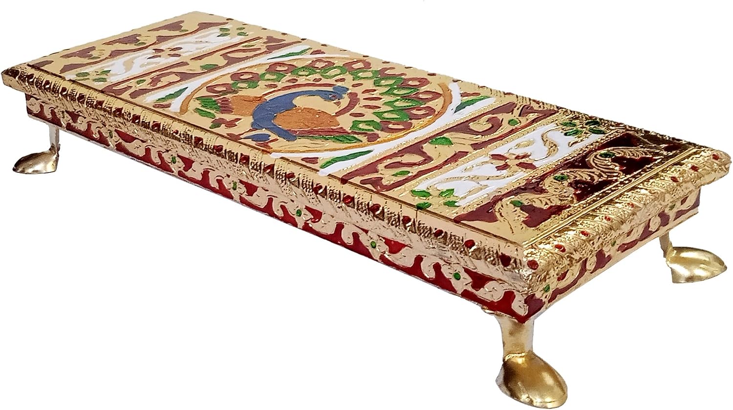 Purpledip Wooden Aasan Chowki with Meenakari Work: Peacock Design Rectangle Plinth Stool Stand for Placing Idols, Vases or Artefacts (12665A) image 3