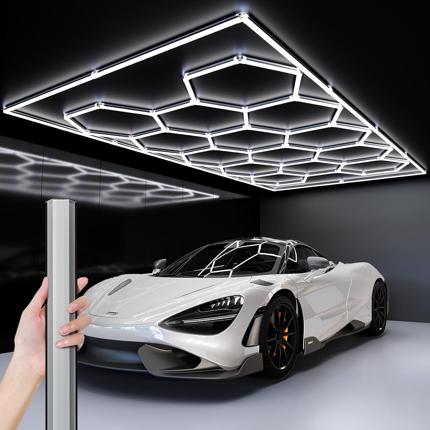 Updated Bigger Size 5 Grid Hexagon Garage LED Lights with Widen 1.33IN Illuminated Surface, 25 Pack, 26400LM Led Lights System for Garage, Basement,Warehouse (White Edge)Patent No.US0D1109406S