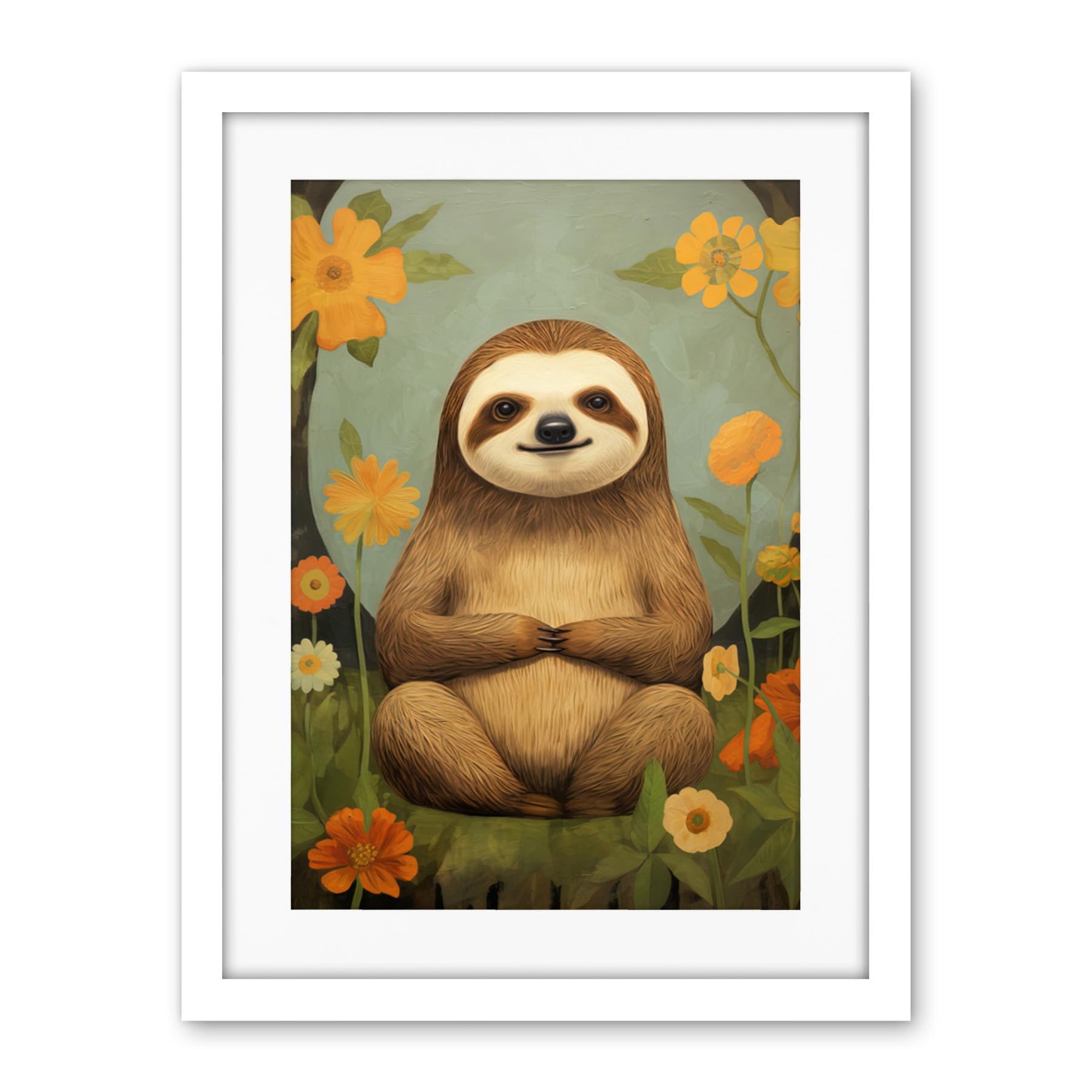 Artery8 Smiling Sloth Meditating in Forest Flowers Kids Bedroom Artwork Framed Wall Art Print 18X24 Inch