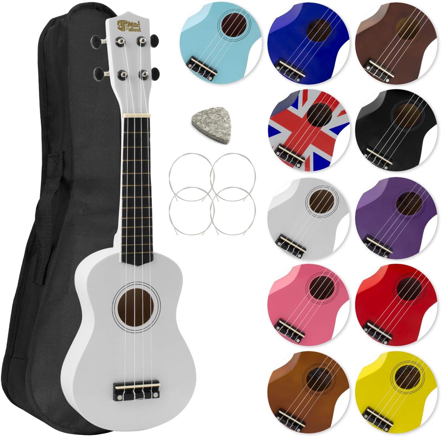 Mad About SU8 Soprano Ukulele with FREE Gig Bag, Pick, and Spare Strings – Great for Schools and Beginners, Now With Carbon Black Strings for Improved Tuning - White