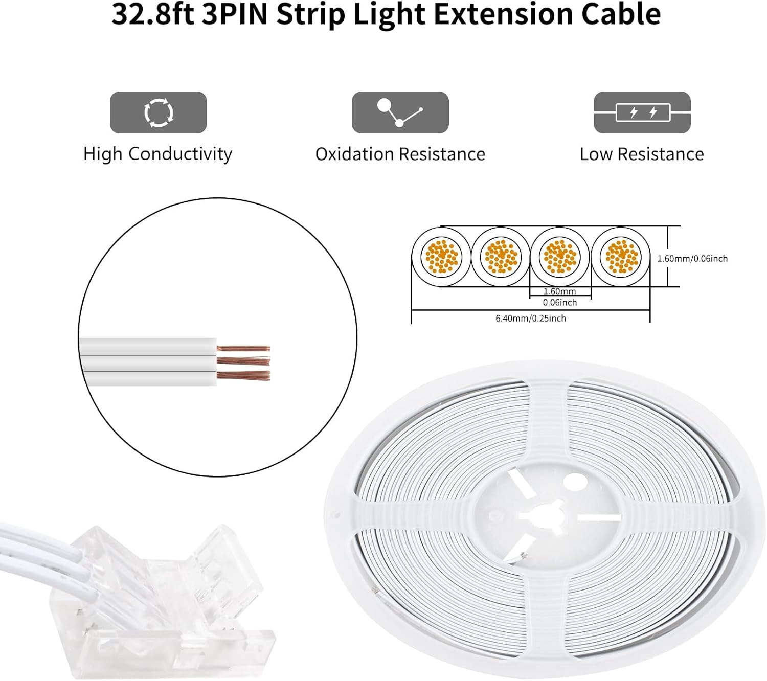 RGBZONE 3 Pin 10mm LED Connector Kit with 32.8ft 3 Pin Extension Cable and 10 Pcs 3 Pin LED Strip to Wire Connectors for 10mm IP20/IP65 SMD 5050 Dream Color LED Strip Light WS2811 WS2812B