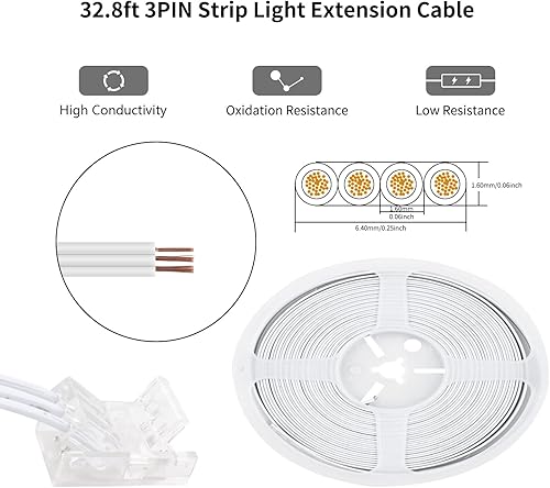 Miniatura 4 de RGBZONE Kit de conector LED de 3 pines de 0.394 in con cable de extensión de 3 pines de 32.8 pies y 10 piezas de tira LED de 3 pines para conectores