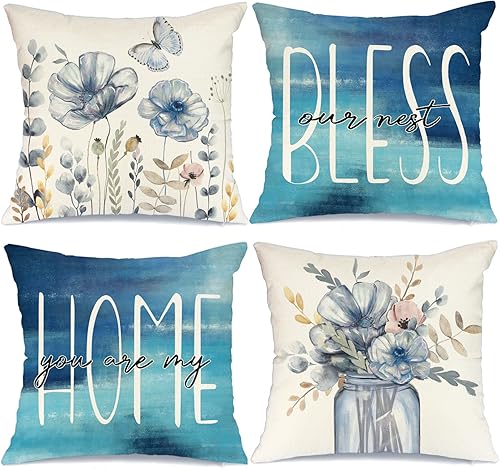 GEEORY Juego de 4 fundas de almohada de 20 x 20 pulgadas flores de cosmos tarro de masón hojas de eucalipto mariposas almohadas de primavera