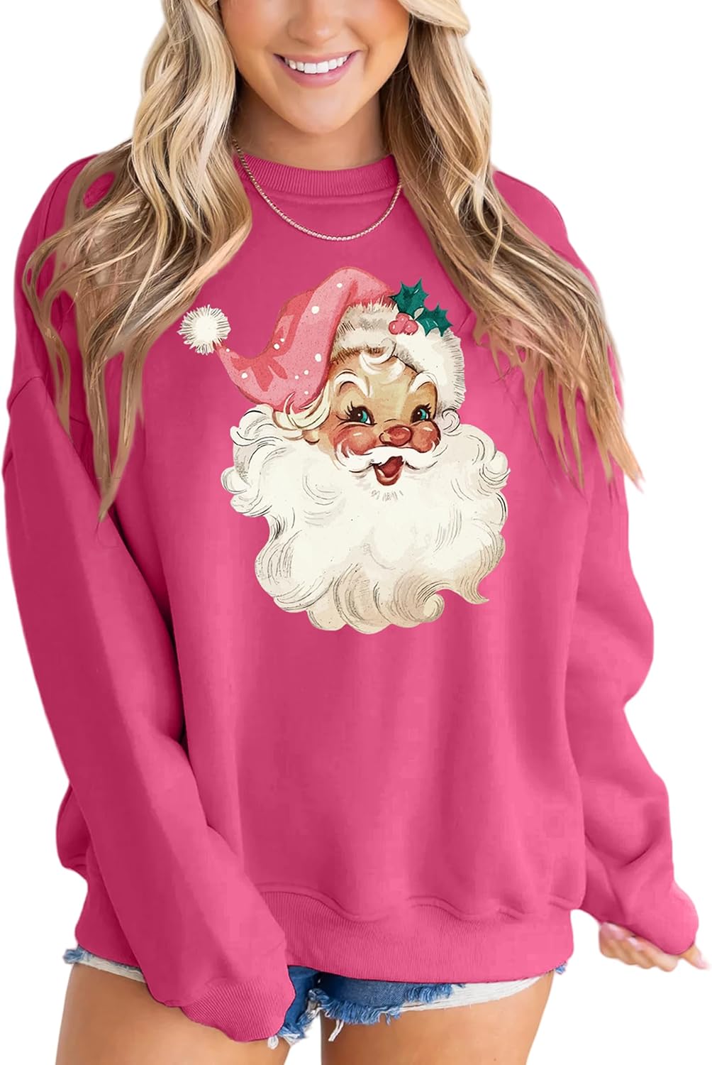 MAPICK Retro Santa Sweatshirt for Women Vintage Christmas Fleece Linend Sweaters Crewneck Oversized Long Sleeve Tops