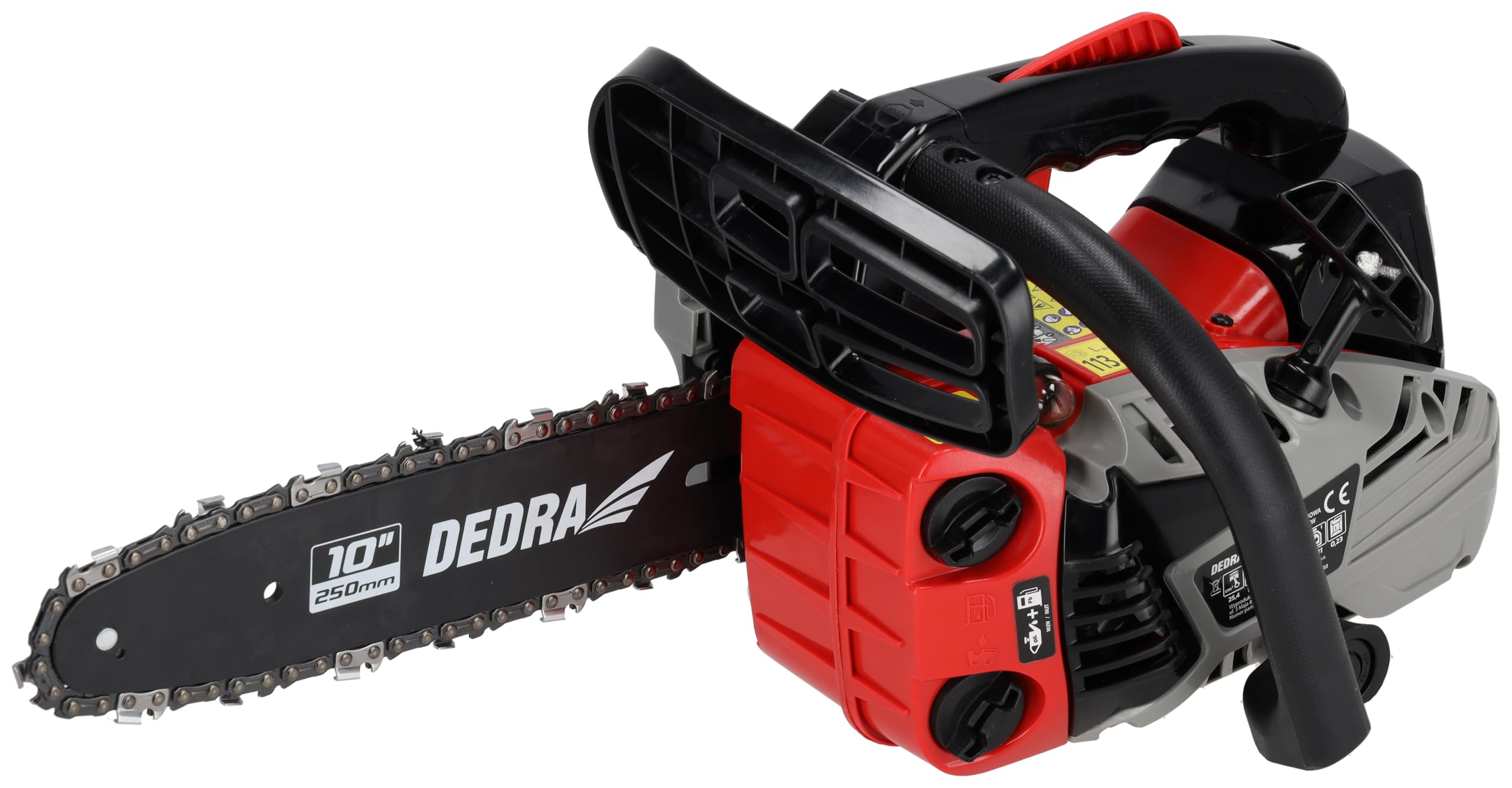 DEDRA Motosierra con motor de gasolina, minimotosierra, potencia 1,0 kW, 25,4 cm³, riel guía de 10" (25 cm), motor de dos tiempos refrigerado por aire, cadena de zapatos bajos, hasta 11500 rpm