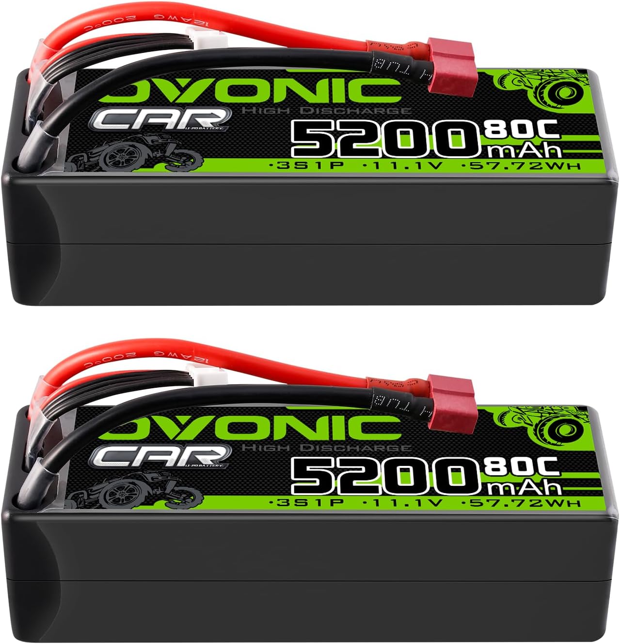 OVONIC Lipo Battery 11.1V 80C 5200mAh 3S Battery with T-Style Connector Hardcase Battery for RC Car Boat Truck Helicopter Airplane Racing Models(2 Packs)