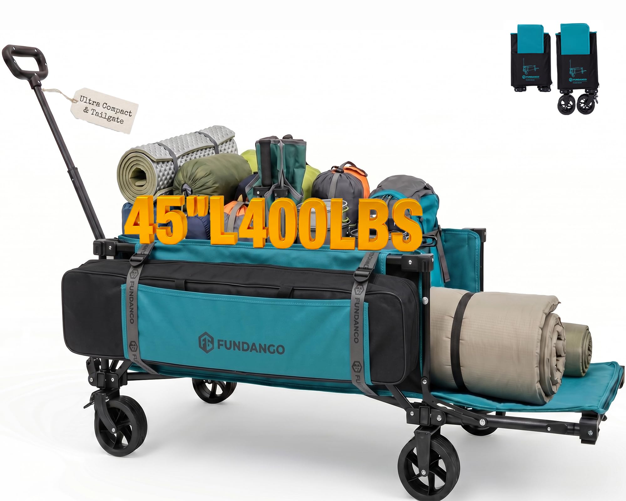 FUNDANGO Collapsible Wagon with Extended Tailgate, 220L Compact Wagons Carts Foldable with All Terrain Wheels, 400lbs Heavy Duty Portable Lightweight