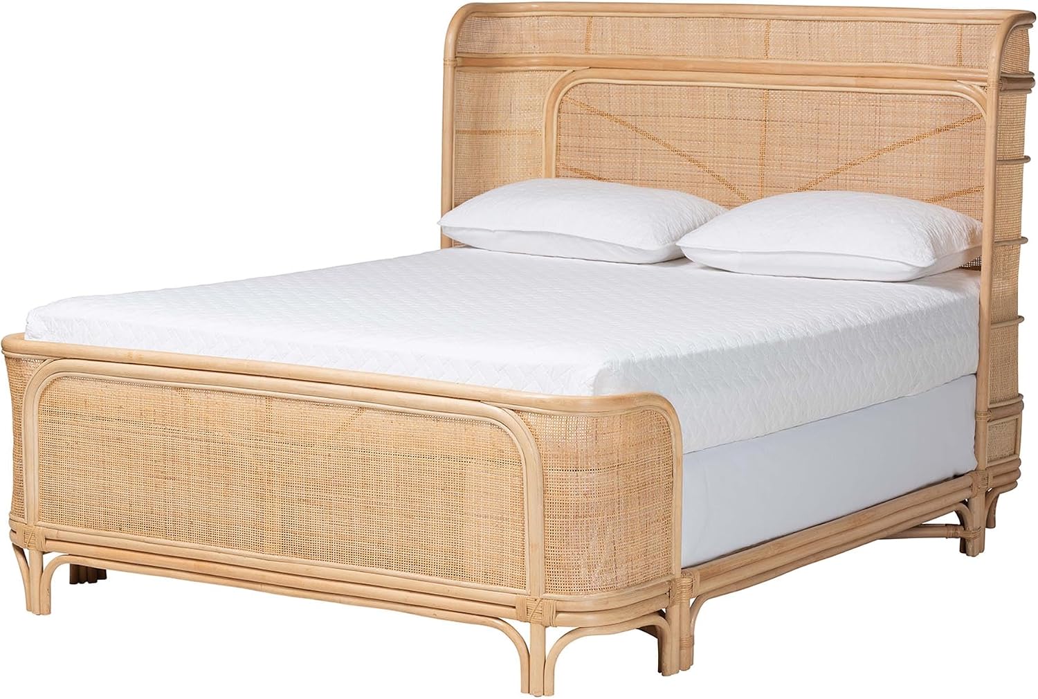 Bali & pari Fiore Natural Rattan Bed Frame - Handwoven Wicker Headboard and Footboard with Curved Corners, Boho Coastal Natural Bedroom Furniture, Queen