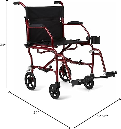 Miniatura 8 de Medline Silla de transporte ultra ligera para adultos, plegable, ancho de asiento de 19 pulgadas, estructura roja, tapicería negra