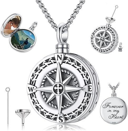 Collar de Brújula para Hombres y Mujeres de Plata de Ley 925 con Colgante de Urna para Cenizas, Colgante de Medallón con Foto, Collar de Ancla,