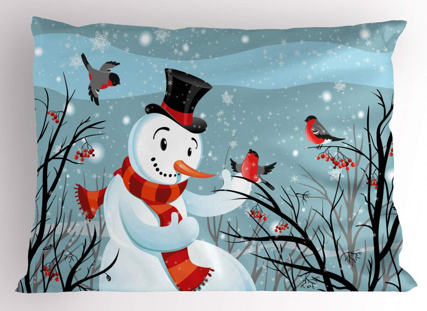 Ambesonne Christmas Pillow Sham, Snowy Winter Tree Branches Berries Bullfinch Birds Snowman Hat, Decorative Standard King Size Printed Pillowcase, 36" X 20", Almond Green Orange