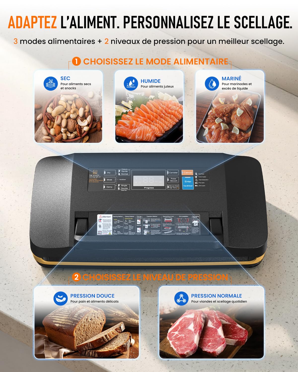 Envasadora al Vacío Doméstica Profesional 95 kPa, Máquina de Envasar al Vacío para Alimentos 18 en 1, Selladora al Vacío con Doble Sellado, Cortador Integrado, Seco/Húmedo, Sous Vide