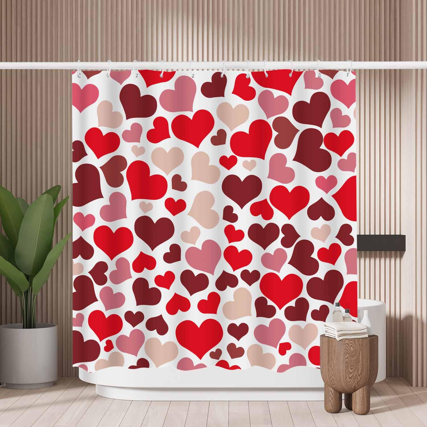 Woutay A206 Shower Curtain Mould Proof Resistant Red Heart,Water Repellant Fabric,Polyester,With 12 Plastic Hooks,Size 180X180cm