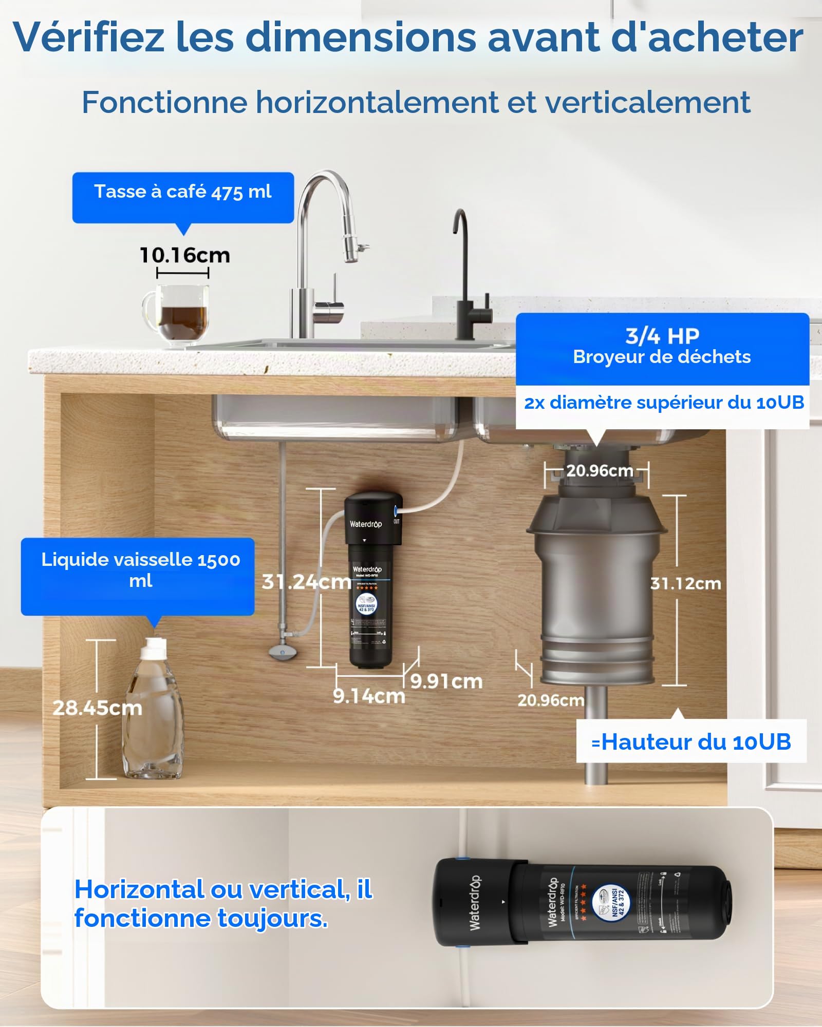 Waterdrop 10UB Système de Filtre à Eau Sous Évier avec Robinet Dédié, 11000 Gallons de Filtration d'Eau de Grande Capacité, Certifié NSF/ANSI 42, Réduit 99,99% le Plomb, le Chlore, le Mauvais Goût