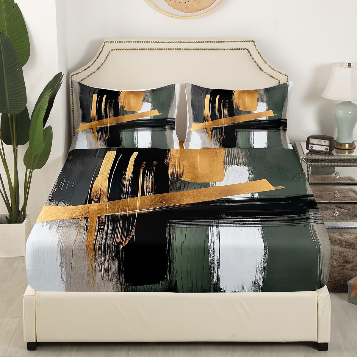 jejeloiu Kids Abstract Art Fitted Sheet Twin Size Geometric Bedding Set for Boys Girls Teens Gold Modern Art Bed Sheets Set Geometry Bedroom Decor Breathable Soft 2Pcs