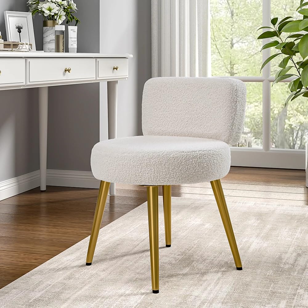 Teddy Velvet Dressing Table Stool with Low Backrest, Cream Upholstered Vanity Chair with Champagne Gold Metal Legs, Comfortable Makeup Seat for Bedroom, Living Room, Hallway