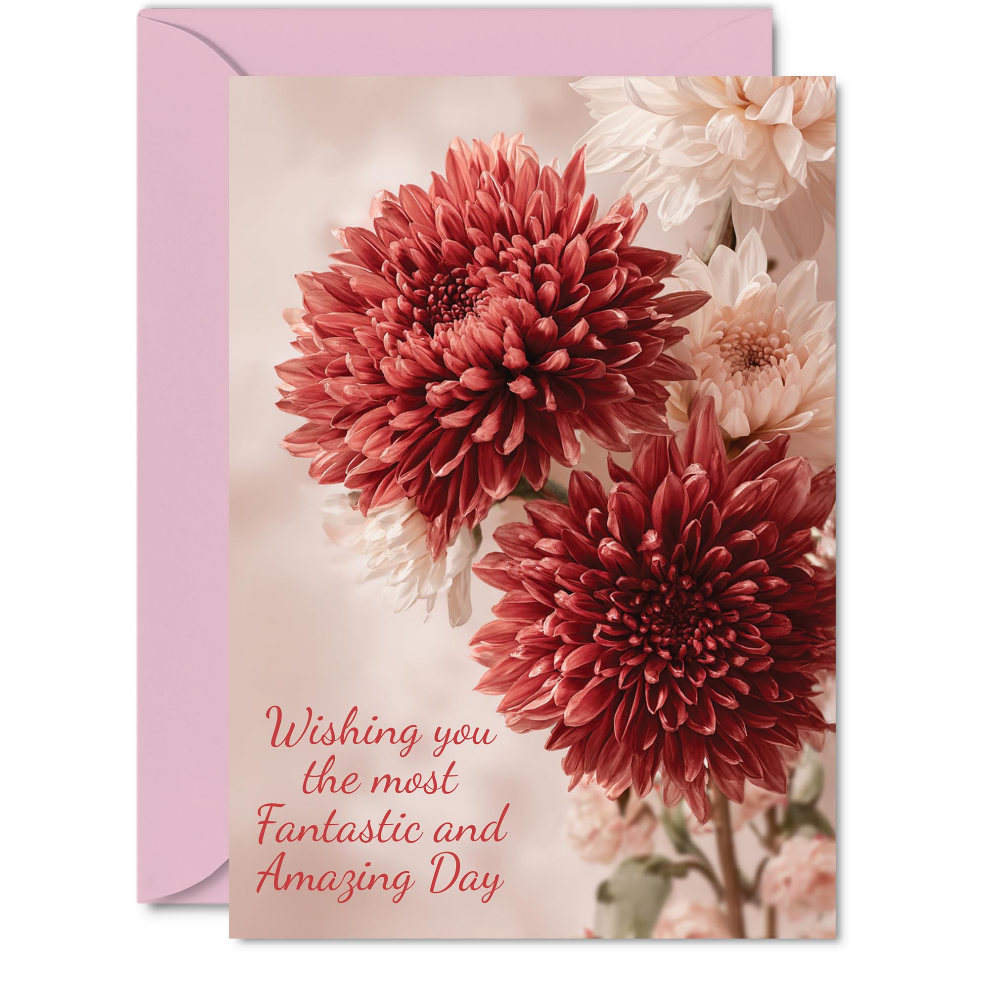 Family Birthday Card - Red Chrysanthemums - Happy Birthday Card for Family from Colleague Friends, A5 Red Flowers Bday Greeting Cards