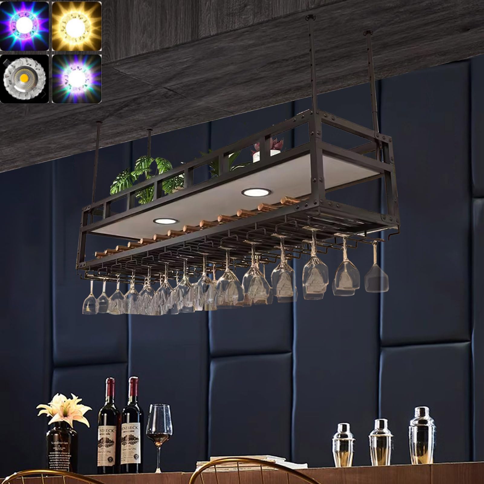 Portabottiglie da soffitto retrò a 2 strati, mensola per vino in metallo con luci al neon a 3 colori, altezza e larghezza regolabili, portabottiglie di champagne, portabottiglie rustico da appendere,