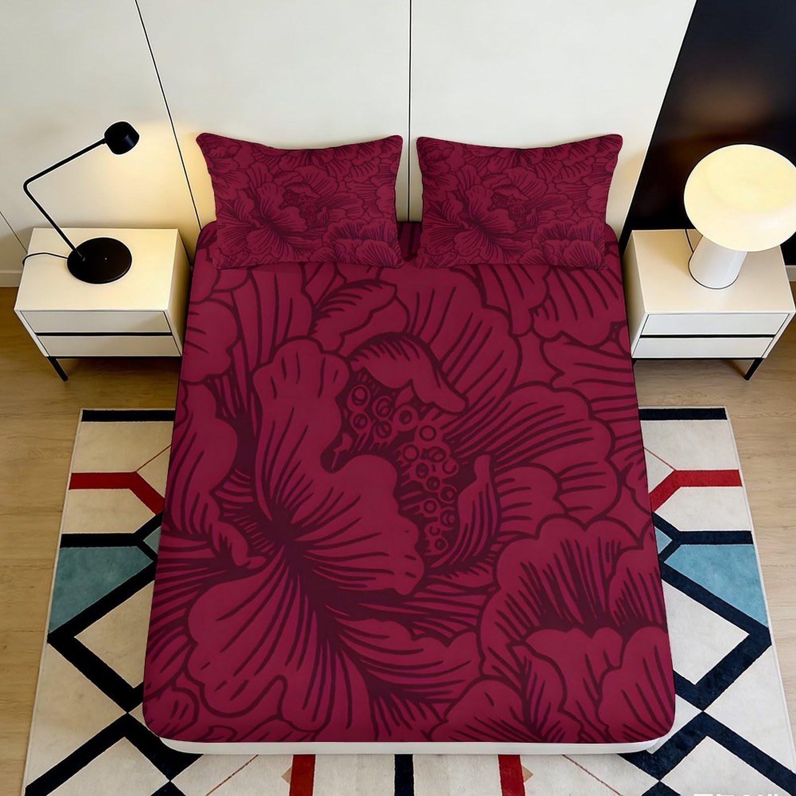 3D Printed Burgundy Floral Fitted Sheet Microfiber Soft Breathable Peony Pattern Bed Cover for Bedroom Dorm Mattress Protection Decor 140x200x25cm
