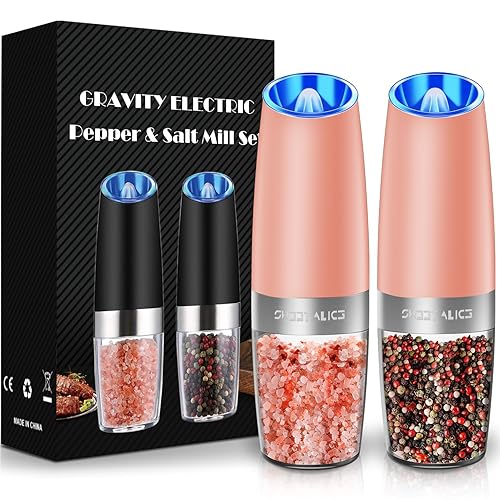 Sweet Alice Gravity Electric Pepper and Salt Grinder Set, Adjustable Coarseness, Battery Powered with LED Light, One Hand Automatic Operation, Coral, 2 Pack - 2.5*2.5*7.9inch - Set/Coral