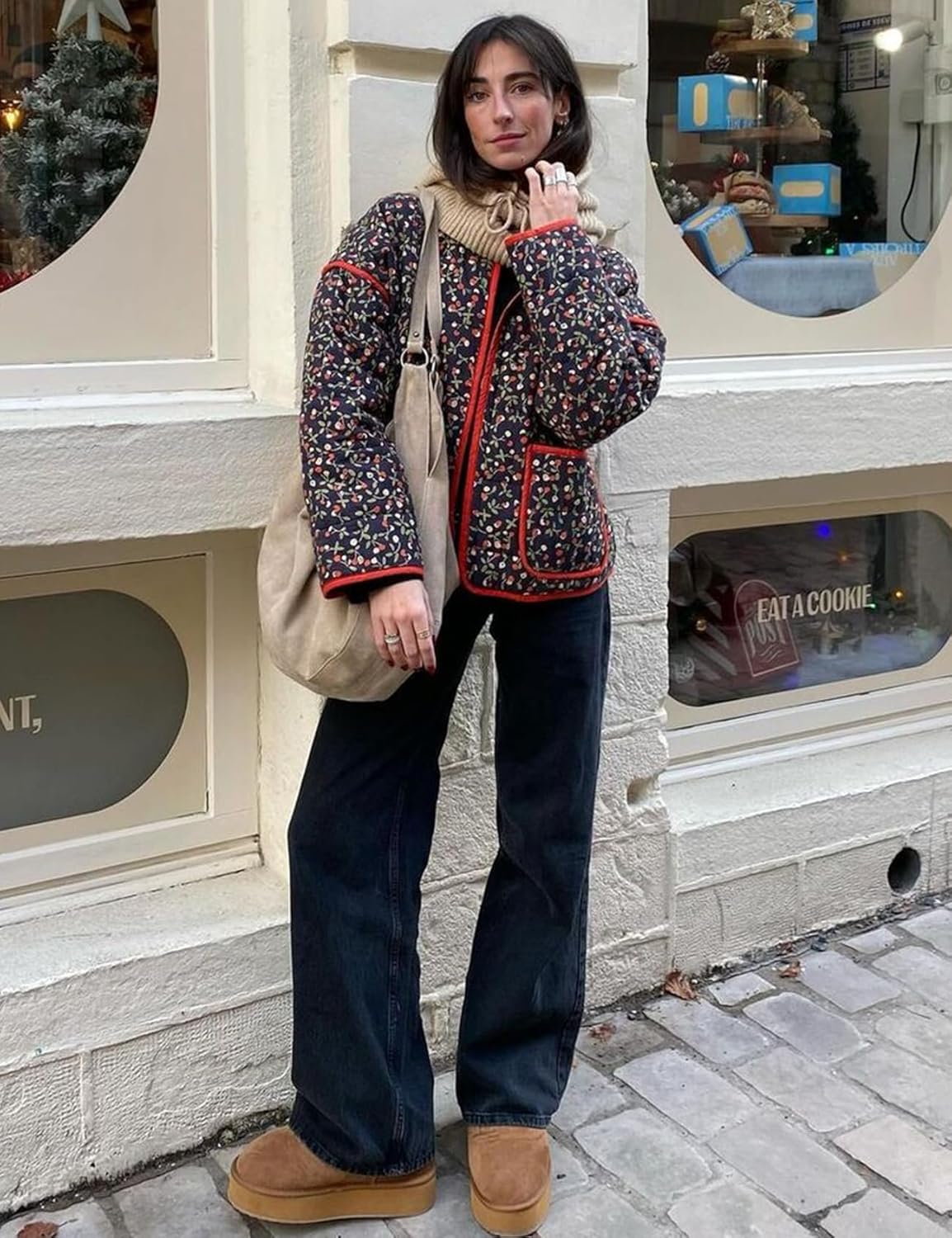 Wyeysyt Women's Cropped Quilted Jacket Floral Print Puffer Jackets Open Front Lightweight Jacket - Image 4