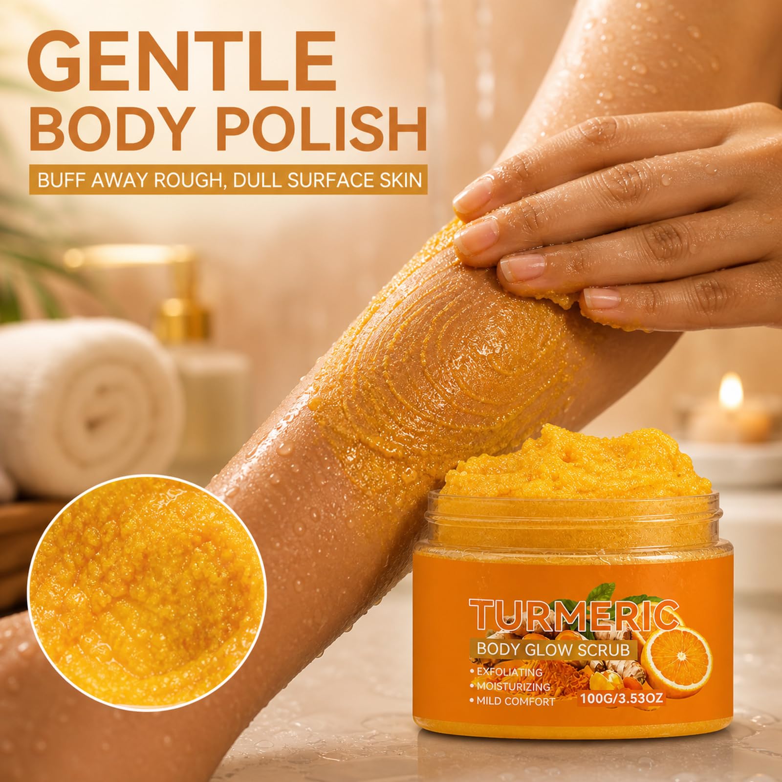Gommage corporel au curcuma à l'orange douce, gommage exfoliant nettoyant en profondeur pour la peau, vernis à rincer non gras, exfoliant pour la peau pour le corps, routine de soins frais (9PCS)