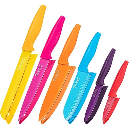 MICHELANGELO Kitchen Knife Set 12 Piece, High Carbon Stainless Steel Kitchen Knives Set, Knife Set for Kitchen, Rainbow Knife Set, Colorful Knife Set- 6 Knives & 6 Knife Sheath Covers